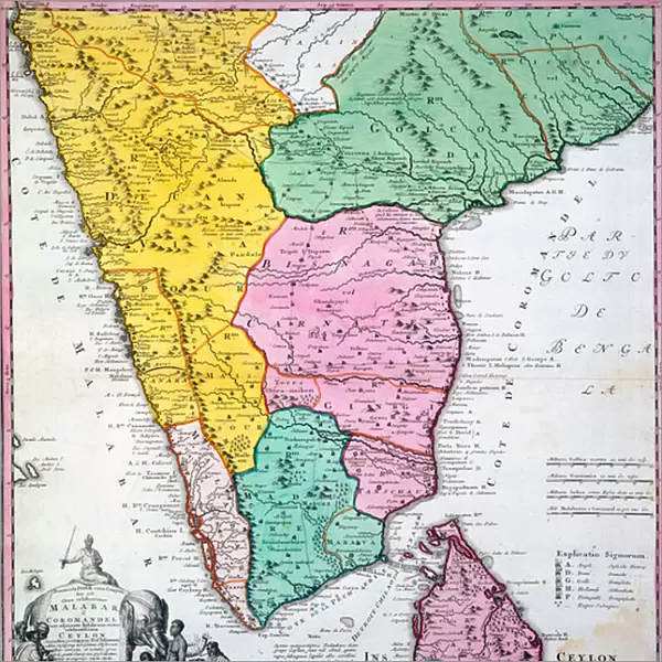 Map of the Indian Peninsula, 1733 (hand-coloured engraving)