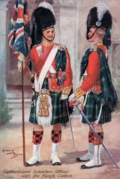 The Gordon Highlanders, Captain amd Subaltern Officer, with the Kings Colours (colour litho)