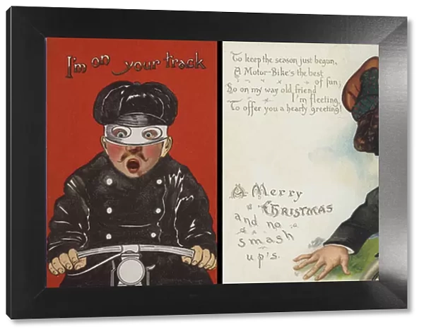 Motorcycling themed Christmas card (chromolitho)