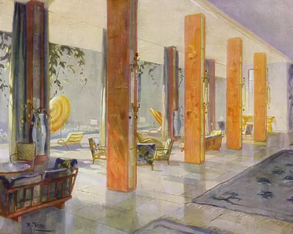 1930s interiors: Garden Hall of a hotel (colour litho)