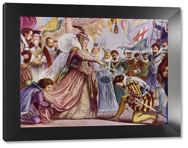 Queen Elizabeth I knighting Sir Francis Drake on biard his ship, the Golden Hind, Deptford, 1581 (colour litho)