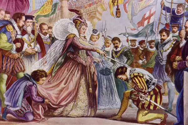 Queen Elizabeth I knighting Sir Francis Drake on biard his ship, the Golden Hind, Deptford, 1581 (colour litho)