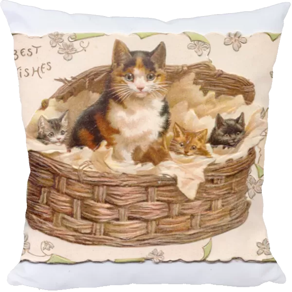 A Victorian greeting card of a cat and three kittens in a wicker basket, c