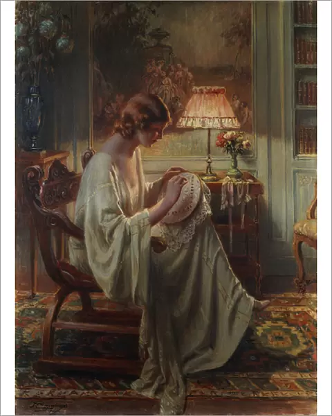 A Lady Sewing in an Interior, (oil on canvas)