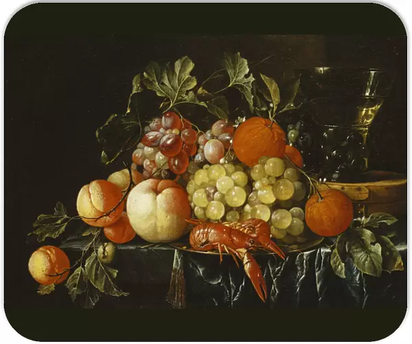Peaches, Oranges, Grapes and Langoustines on a Pewter Plate