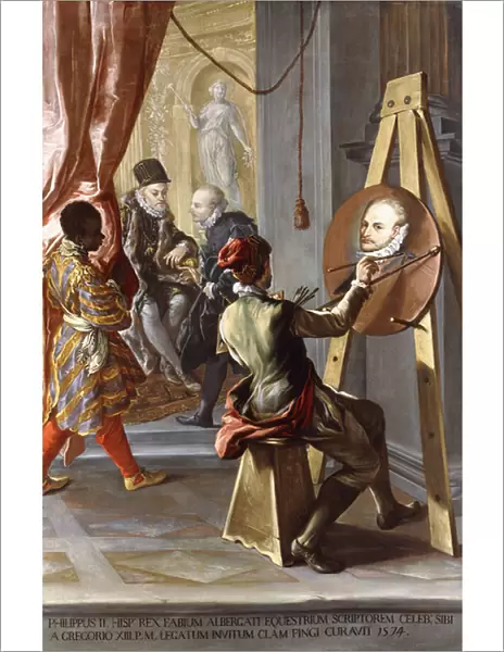 Fabio Albergati received by Philip II of Spain, while an Artist Secrectly Executes his
