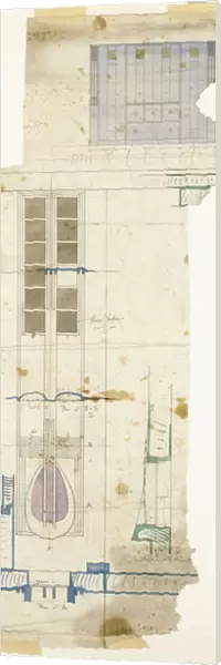 Design for a wardrobe, shown in elevation, with half-full size details of decorative