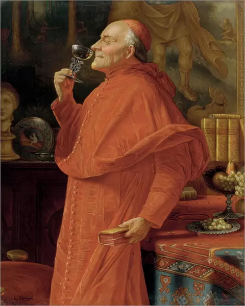 Plaque depicting a Cardinal sampling the bouquet of a white wine from a Venetian glass