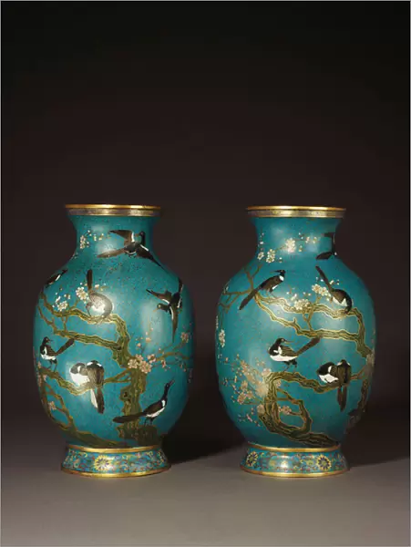 A pair of cloisonne enamel Magpie vases finely enamelled with twelve magpies in
