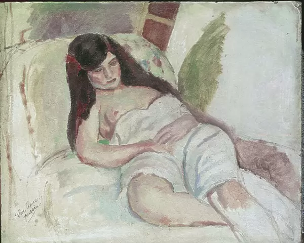 Woman lying (with the inscription Vive Elvire). (oil on wood, 20th century)