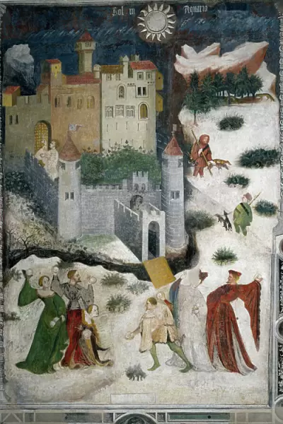 Month of January: snowy landscape with aristocrats and hunters. c. 1535 (fresco)