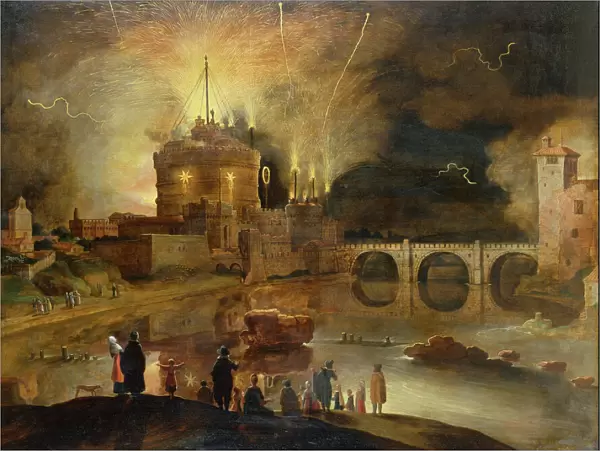 The Castel Sant Angelo, Rome, with Townsfolk watching a Firework Display at Night