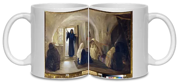 Declenchement des larmes de joie (une jeune femme radieuse entre dans une maison ou tous sont assis a se morfondre et a pleurer) (Ushered in a tearful joy ) - Peinture de Vasili Dmitrievich Polenov (1844-1927), huile sur toile (80x141 cm)