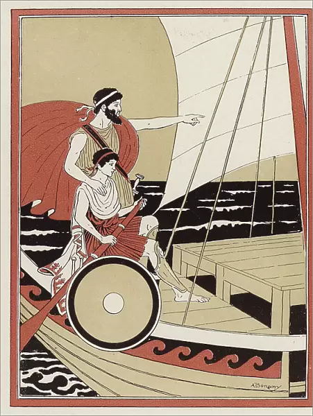 Athena guiding Telemachus in his search for Odysseus (colour litho)