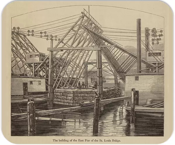 The building of the East Pier of the St Louis Bridge (engraving)