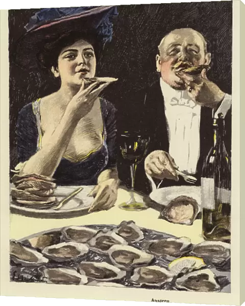 Eating oysters in a restaurant (colour litho)