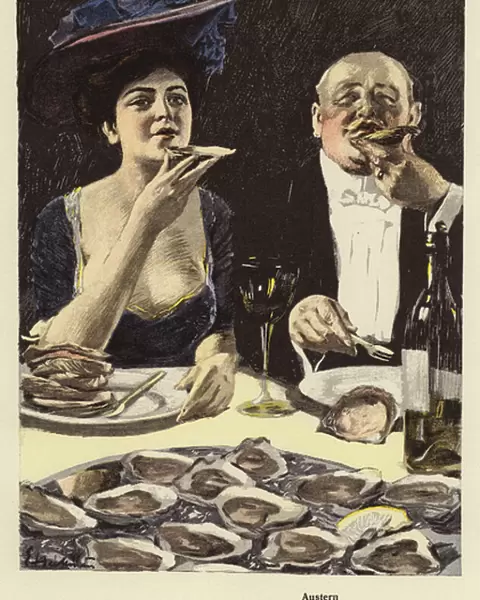 Eating oysters in a restaurant (colour litho)