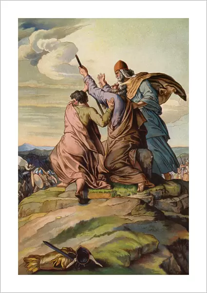 Aaron and Hur holding up the hands of Moses as Joshua and the Israelites defeat the Amalekites (chromolitho)