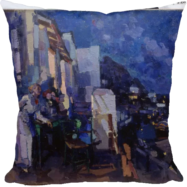 Soiree sur la veranda (Evening on the Verandah). Une femme profite du panorama de la ville quis etend dans la nuit devant sa terrasse. Peinture de Konstantin Alexeyevich Korovin (Constantin Korovine) (1861-1939), huile sur toile, 1914