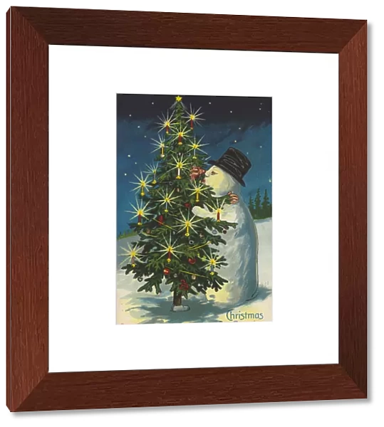 Snowman and Christmas tree kissing (chromolitho)