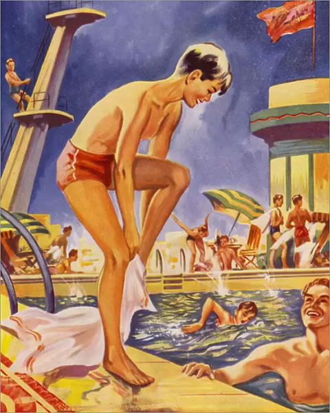 Boy drying himself at the swimming pool (colour litho)
