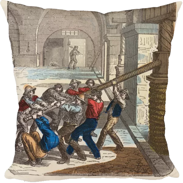 Olive oil production (coloured engraving)