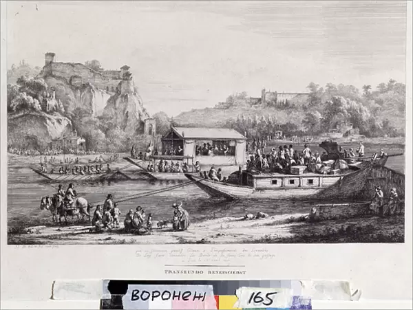 Convoi de bateaux du pape Pie VII (1800-1823) sur la Saone a Lyon le 21  /  04  /  1803. Gravure sur bois de Jean Jacques de Boissieu (1736-1810) 1803 Musee des Beaux Arts Ivan Kramskoy (ou Kramskoi) a Voronej (Voronezh), Russie