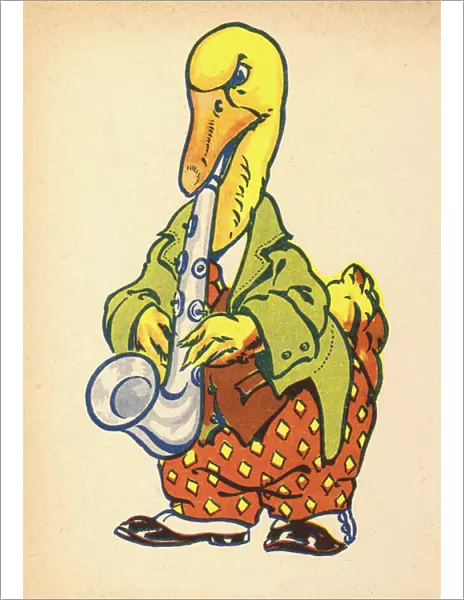 Duck playing saxophone (colour litho)