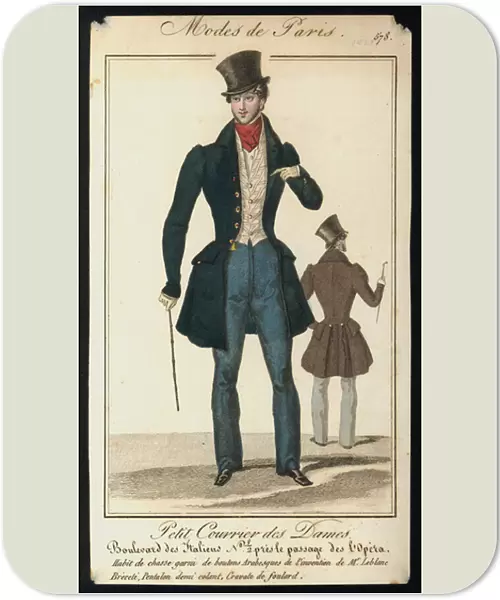French Mens fashion in the 1820s, advertisement (colour litho)
