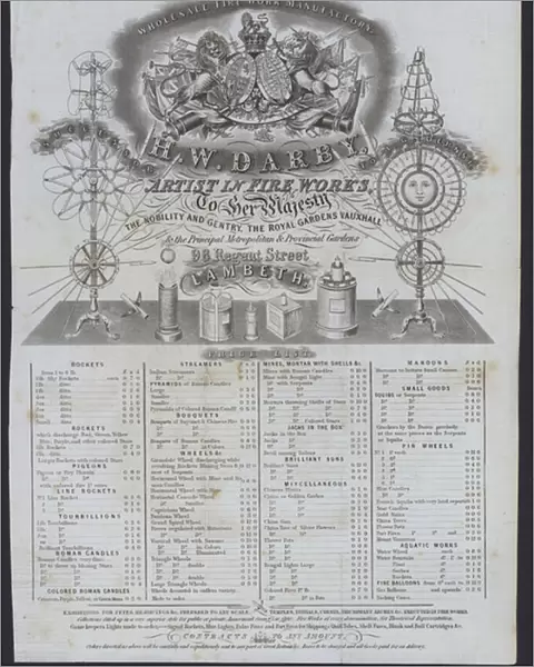 Fireworks manufacturers, H W Darby, advertisement (engraving)