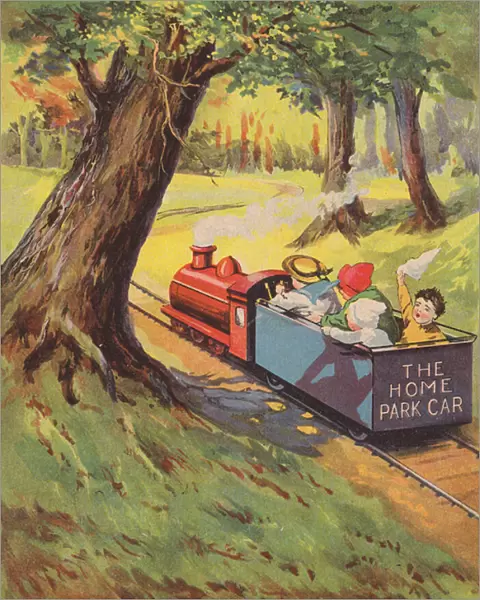 Children riding on a miniature railway (colour litho)