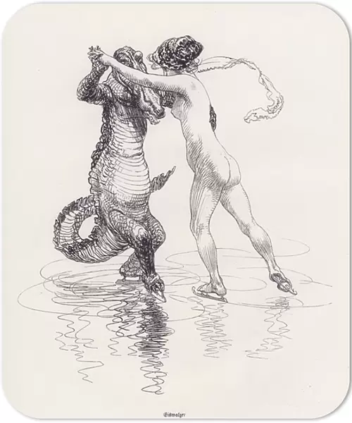 Crocodile and naked woman dancing on ice (litho)