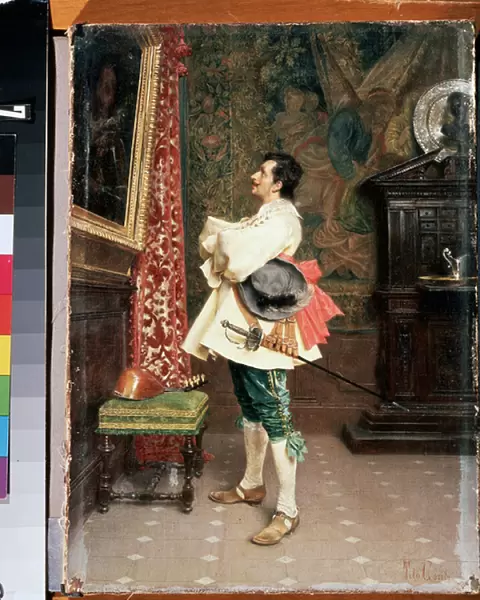 'Devant le portrait'(Before a Portrait) Un homme, vetu en uniforme de mousquetaire du 17eme siecle, admirant une peinture (son propre portrait) Peinture de Tito Conti (1842-1924) Mikhail Kroshitsky Art Museum