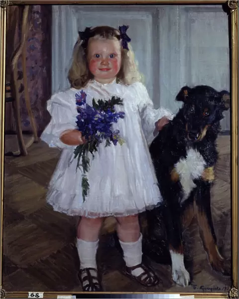 Portrait de la fille Irina avec le chien Shumka (Portrait Of The Daughter Irina With The Dog Shumka). Peinture de Boris Michaylovich Kustodiev (Koustodiev) (1878-1927), huile sur toile, 1907. Art russe debut 20e siecle