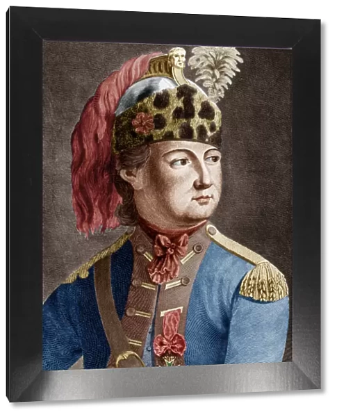 Knight of Eon (1728-1810), French secret agent for the king, he used to cross-dress, engraving colourized document