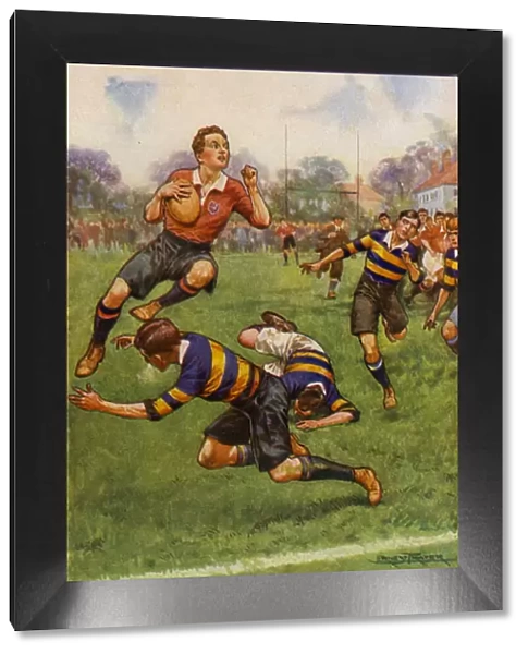 Rugby game, a jump into touch (colour litho)