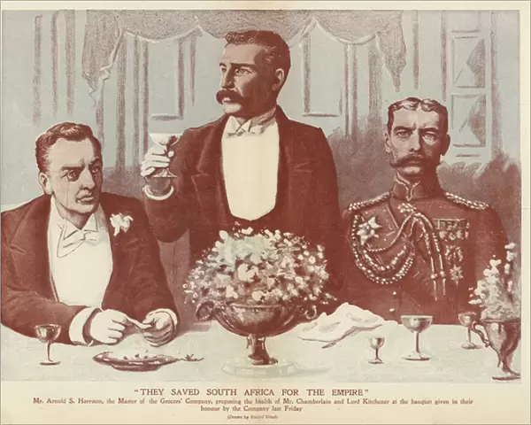 Banquet in honour of Joseph Chamberlain and Lord Kitchener at the Grocers Company, City of London, 1902 (litho)