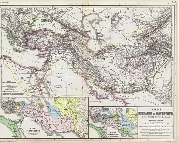 Maps of the ancient Persian and Macedonian empires (coloured engraving)
