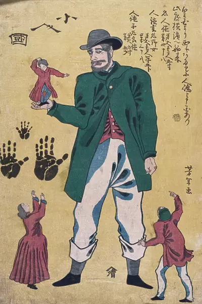 A Giant with Midgets (colour woodblock prrint)