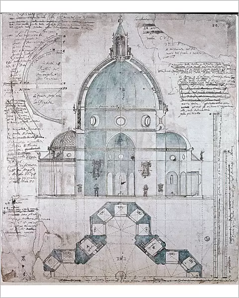 Plan and cut of the dome of the Cathedral of Florence, 16th century (drawing)