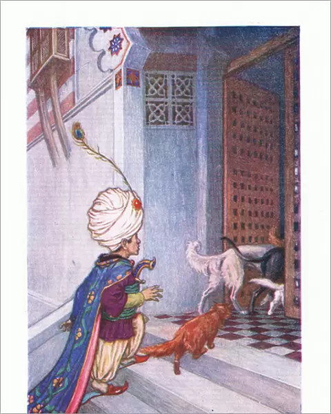 To his surprise a troop pf cats and dogs were pressing into the great house, 1928 (colour litho)