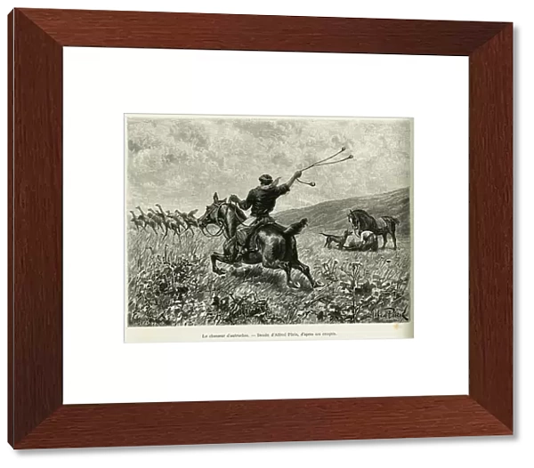 Ostrich hunter. Engraving by Alfred Paris, to illustrate the story Voyage a la Plata, in 1886, by Emile Daireaux, in le tour du monde 1888, under the direction of Edouard Charton (1807-1890), Hachette, Paris