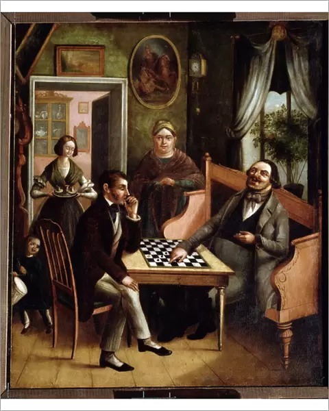 'Les joueurs de dames'Groupe de bourgeois russes dans un interieur. Peinture d Ivan Stepanovich Doshchennikov (1812-1893) 1840-1850 State Art Gallery, Perm, Russie