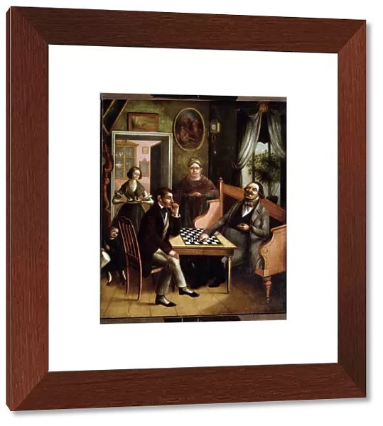 'Les joueurs de dames'Groupe de bourgeois russes dans un interieur. Peinture d Ivan Stepanovich Doshchennikov (1812-1893) 1840-1850 State Art Gallery, Perm, Russie