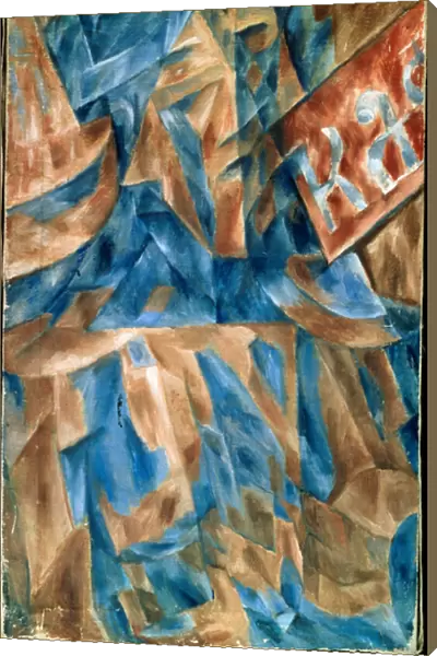 Femme dans un cafe (Lady in a Cafe) - Composition cubiste, avec un morceau de la devanture du cafe (inscription KA) - Peinture de Mikhail Vasilyevich Le Dantyu (1891-1917), huile sur toile, vers 1910 - Art russe, avant garde 20e siecle