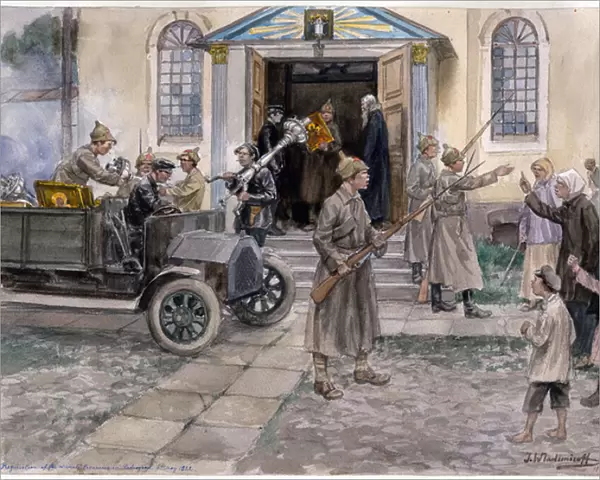 Requisition (confiscation) des tresors d une eglise de Saint Petersbourg, le 5 mai 1922 - Requisition of the church treasures in Petrograd 5th May 1922 (from the series of watercolors Russian revolution) - Vladimirov