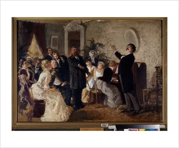 Duo. (Chanteurs donnant un concert dans un salon prive). Peinture de Nikolai Petrovich Zagorsky (1849-1893), huile sur toile. Art russe, 19e siecle. State Art Museum, Odessa (Ukraine)