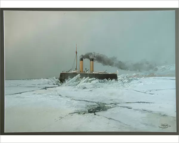 Le navire brise glace russe Iermak (Icebreaker Yermak) - Oeuvre de Nikolai Nikolayevich Karasin (1842-1908), aquarelle et blanc sur papier (45, 4x76 cm), 1898 - Regional Art Gallery, Perm (Russie)