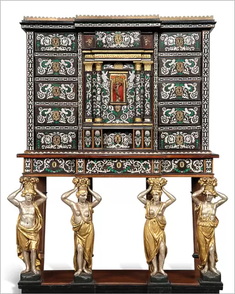 A Louis XIV gilt-metal-mounted, pewter, tortoiseshell and stained horn-inlaid ebony, marquetry and parcel-gilt and silvered cabinet on stand, c. 1660-80