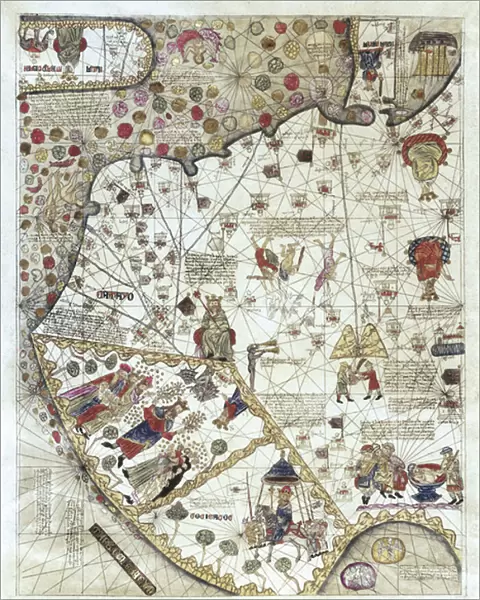 Map of China (Cathay), with descriptions of small scenes, delimitation of the kingdoms with its sovereign represented each time, 1375 (manuscript)